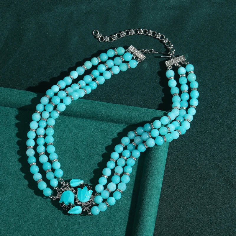 Vintage Blue Glaze Magnolia Layered Beaded Necklace