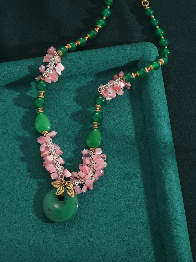 Vintage Jade Beaded Necklace with Pink Flower Accents