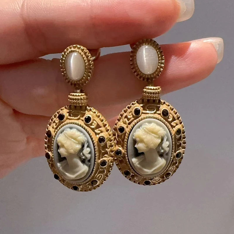 Vintage Oval Cameo Drop Earrings – Classical Elegance