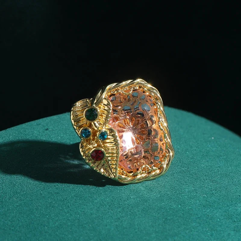 Ice Blue & Pink Glass Statement Ring – Vintage-Inspired Regal Geometry