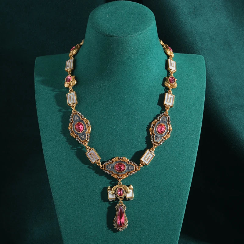 Vintage Palace Pink Crystal Pendant Necklace – 1950s Royal Enamel Glam