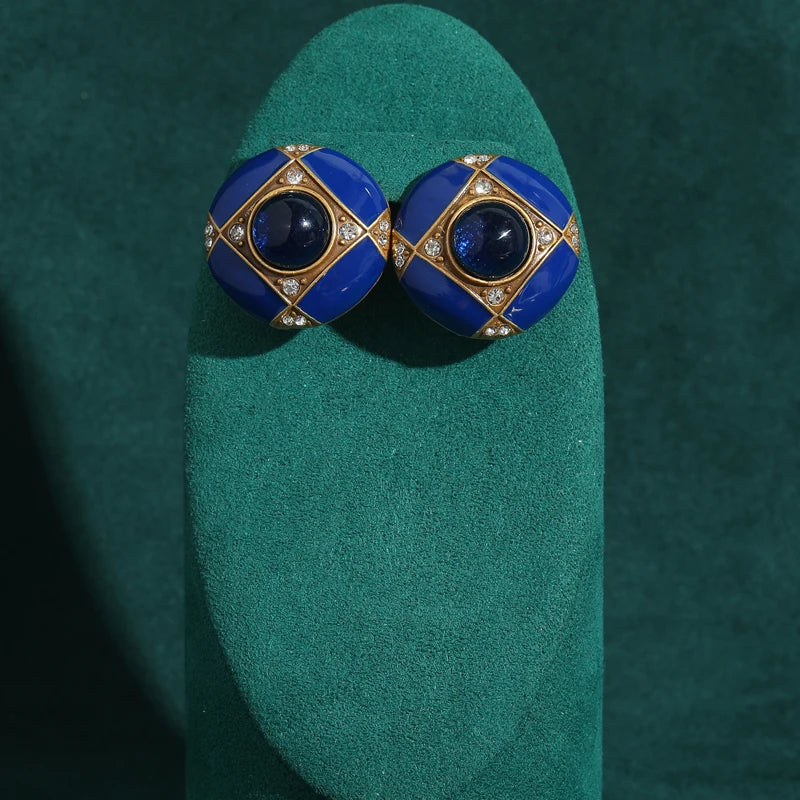 Art Deco Royal Blue Enamel Stud Earrings – Geometric Gold & Crystal Statement Pair