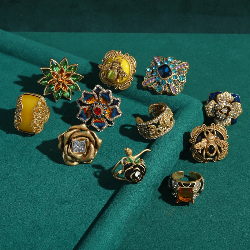 Antique Gold Color Flower Ring – Enamel Bloom Statement