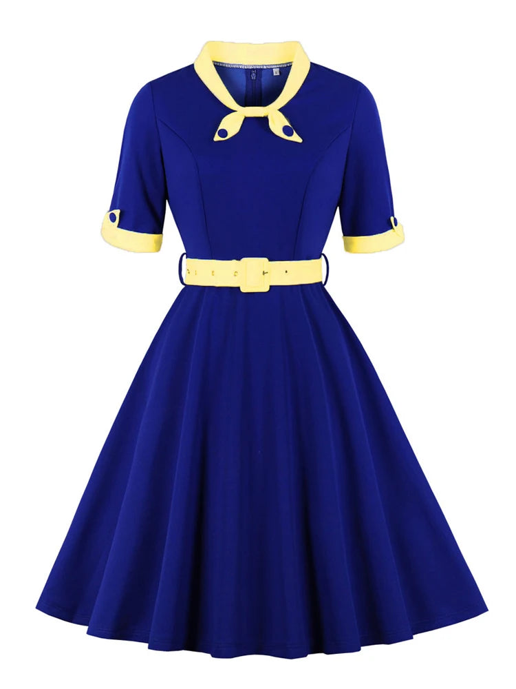 Elegant Vintage Style Belted Swing Dress - Multiple Colors!