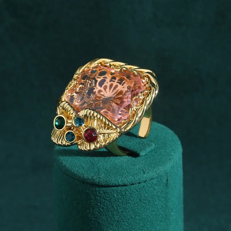 Ice Blue & Pink Glass Statement Ring – Vintage-Inspired Regal Geometry