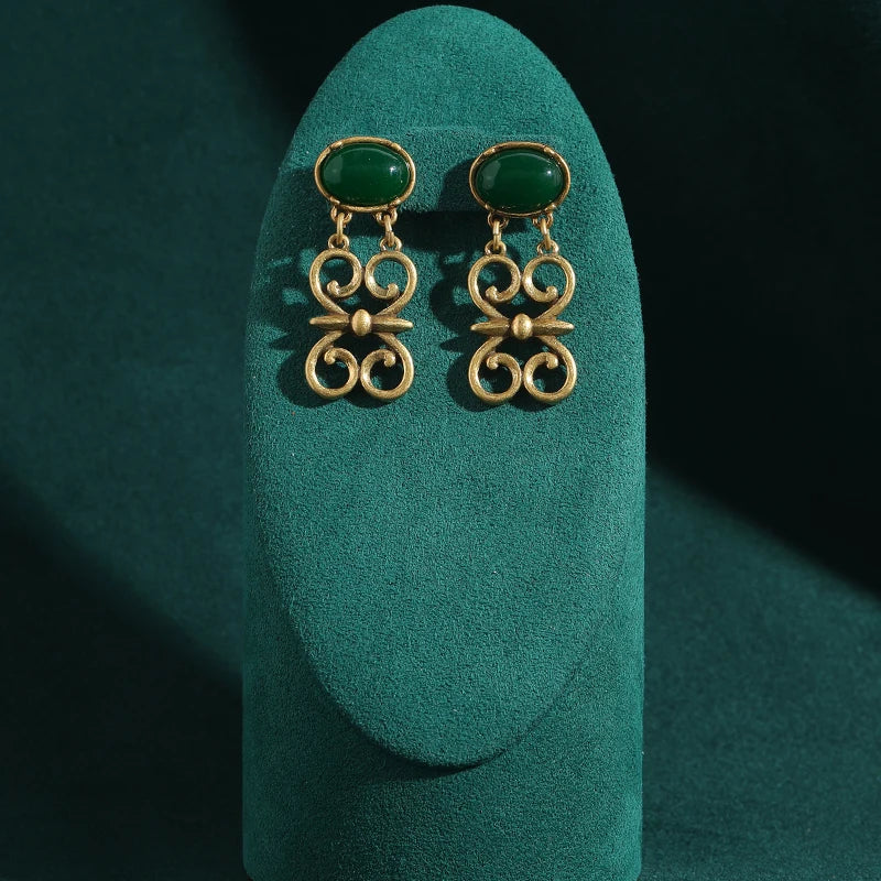 Art Deco Green Agate Butterfly Drop Earrings – Hollow Scroll Statement Pair