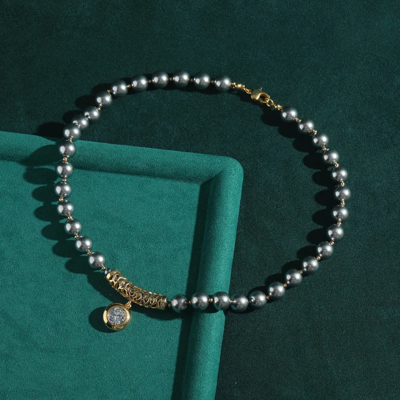 Gray Pearl & Zircon Pendant Necklace – Retro Hollywood Noir Revival