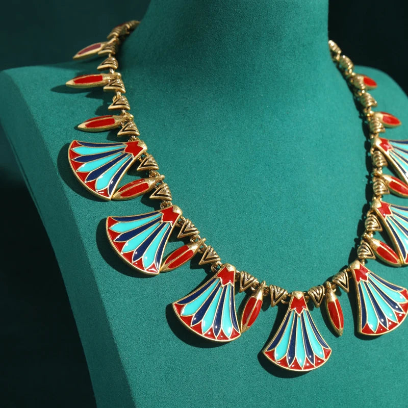 Vintage Red Enamel Fan-Shaped Collar Necklace