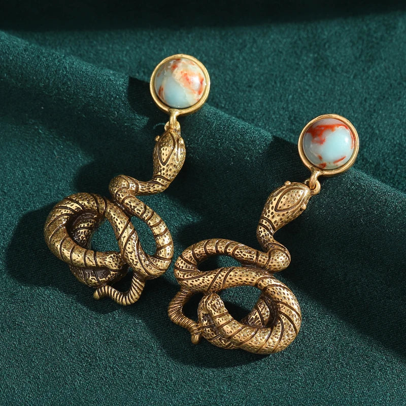 Victorian / Art Nouveau Serpent's Embrace Drop Earrings - Natural Stone & Antique Gold