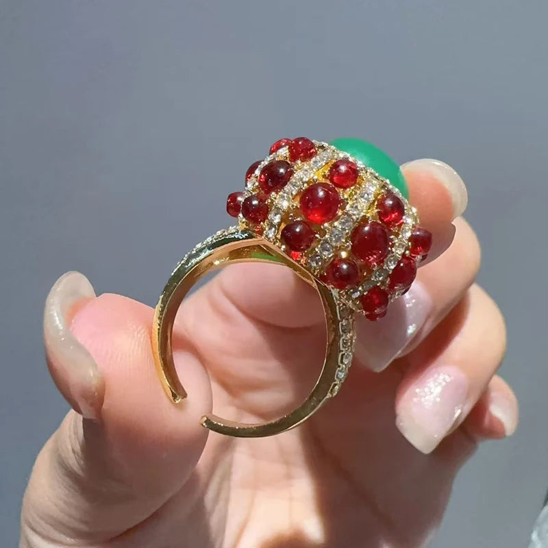 Vintage Green Agate & Red Glaze Gold-Plated Statement Ring – Adjustable