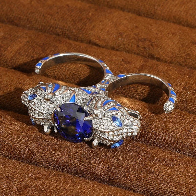 1920s Art Deco Panther Statement Ring – Silver & Sapphire Inlay