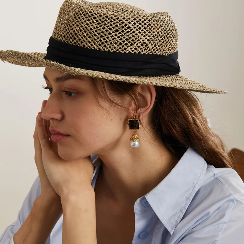 Square Black Agate & Pearl Drop Earrings – Vintage-Inspired Regal Glam