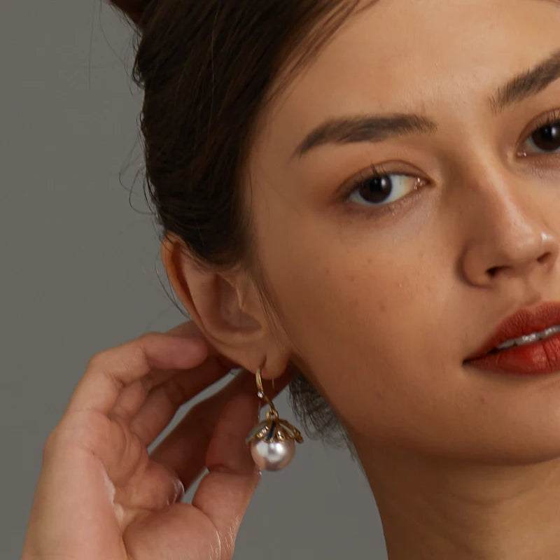 Retro Hollywood Pearl Drop Earrings – Rhinestone & Enamel Hook Pair