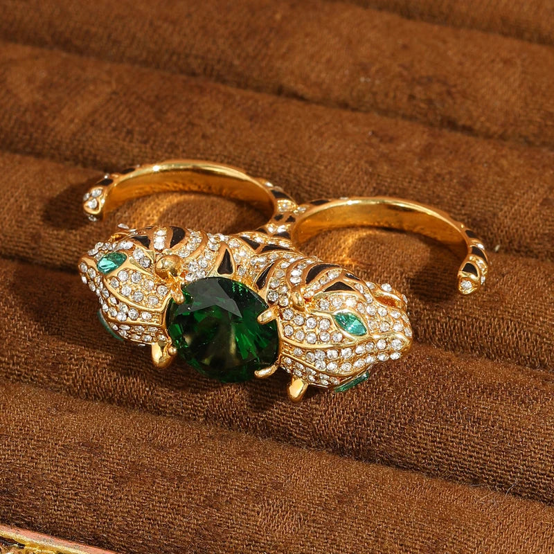 Vintage Double Leopard Gold Plated Ring - Green Crystal & Zircon - Adjustable