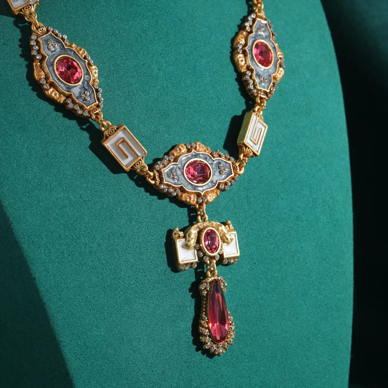 Vintage Palace Pink Crystal Pendant Necklace – 1950s Royal Enamel Glam