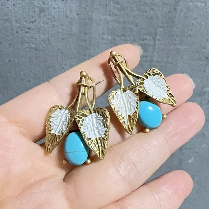 Vintage Turquoise Leaf Drop Earrings – Boho Bloom & Sea Stone Charm