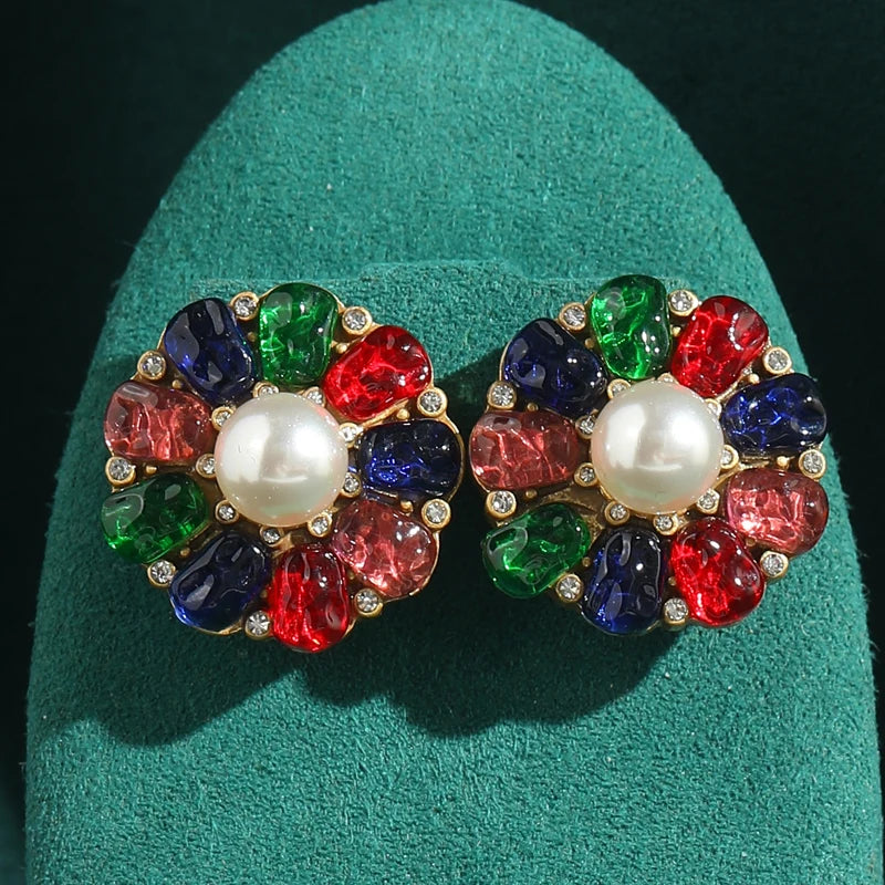 Vintage Colorful Pearl Flower Earrings – Glamour in Full Bloom