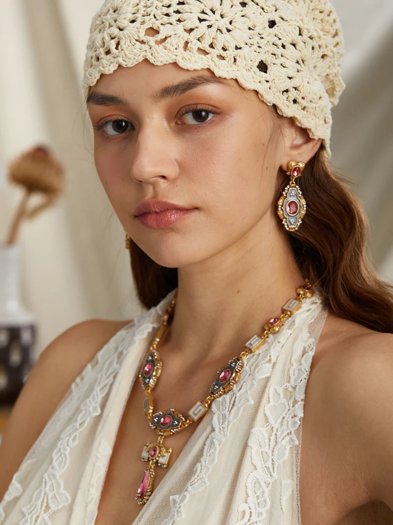 Vintage Palace Pink Crystal Pendant Necklace – 1950s Royal Enamel Glam