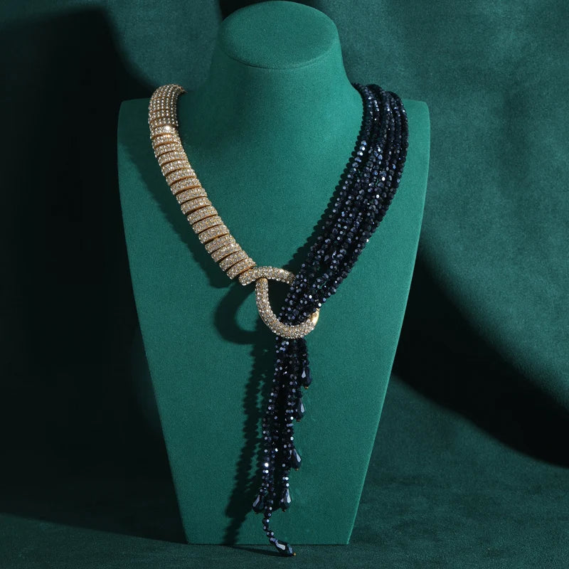 Art Deco Sculptural Rhinestone Choker – Black Beaded Flame Pendant Statement Necklace