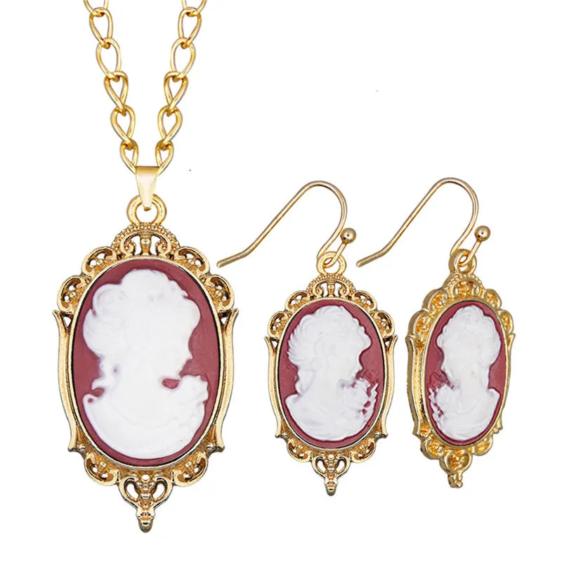 Lady Queen Cameo Jewelry Set – Necklace & Earrings (1890s Inspired)