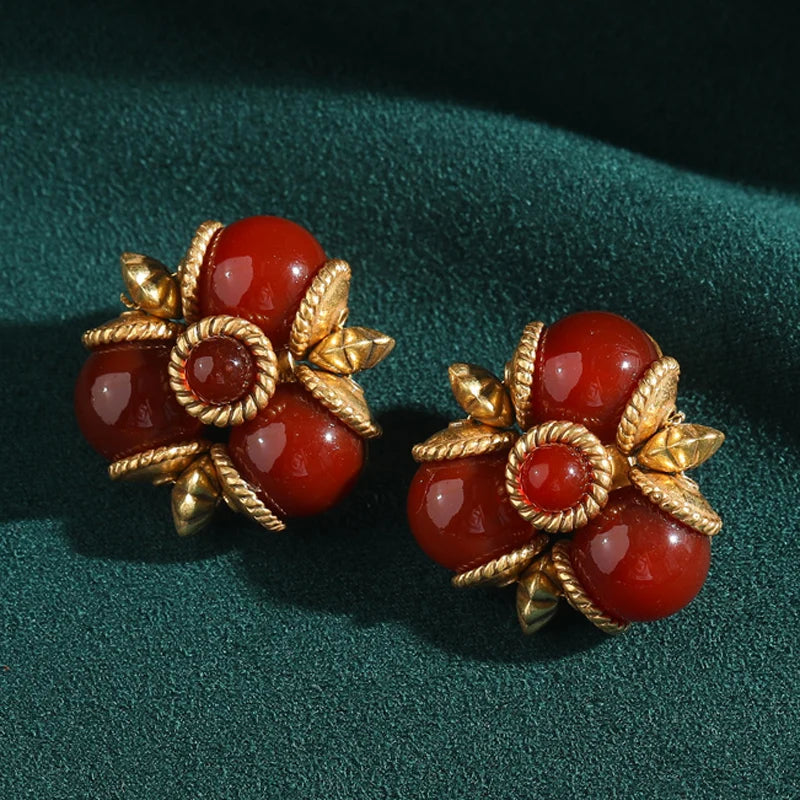 Art Deco Red Glazed Leaf Earrings – Triple Studs with Gold-Toned Floral Detail
