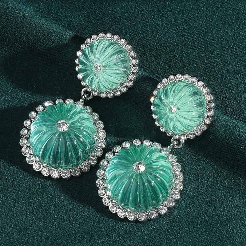 Art Deco Blue Pumpkin Glass Drop Earrings – Transparent Double Sphere Statement Pair