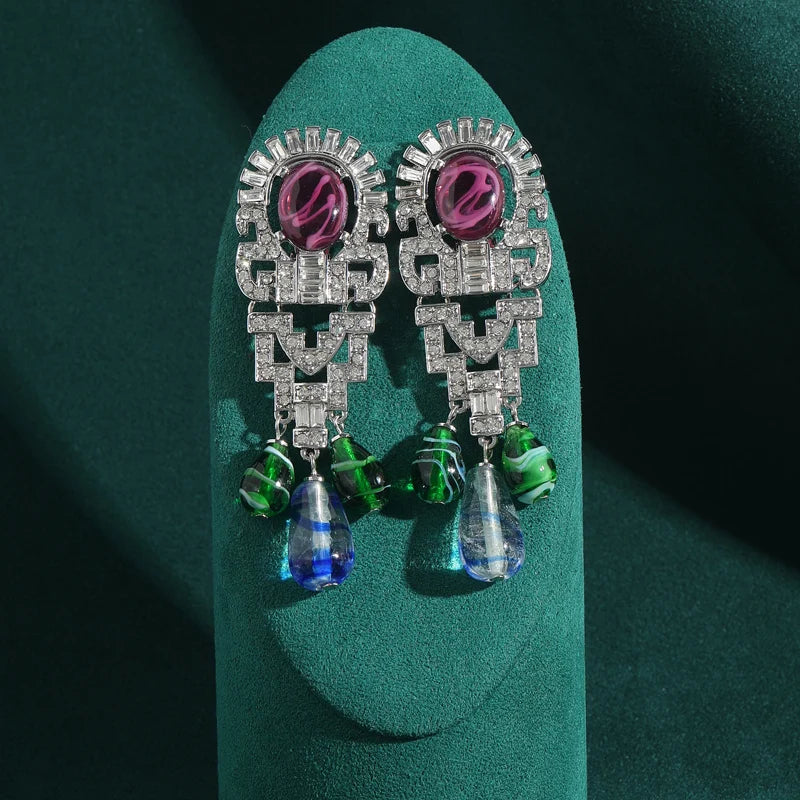 1950s Retro Hollywood Waterdrop Earrings – Purple Glass & Zircon Statement Pair