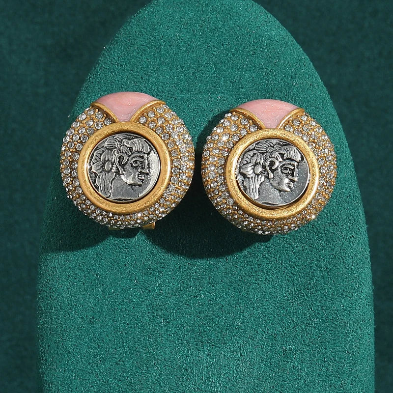 Victorian Pink Cameo Coin Earrings – Gold-Plated with Natural Stone Inlay