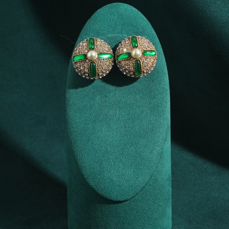 Art Deco Green Glazed Stud Earrings – Round Crystal & Pearl Statement Pair