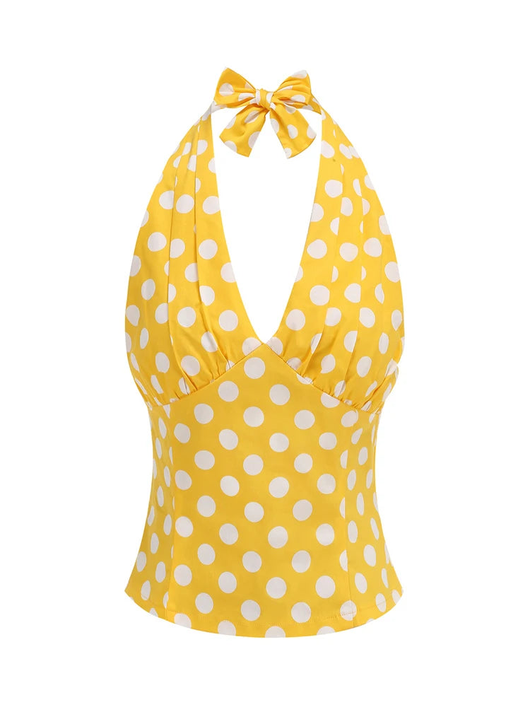 Retro Polka Dot Halter Crop Top - Vintage Pin-Up Style