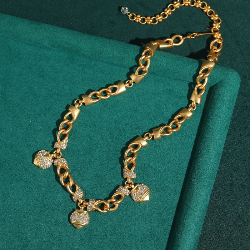 80s Power Glam Gold Heart Charm Necklace – Rhinestone Statement Chain