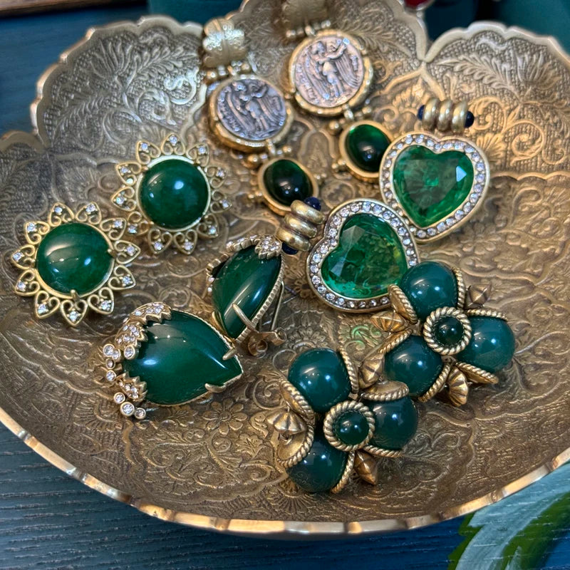 Emerald Isle Grandeur: Antique Natural Green Stone & Gold Tassel Drop Earrings