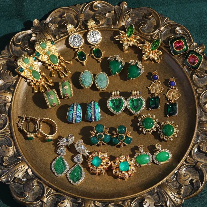 Emerald Isle Grandeur: Antique Natural Green Stone & Gold Tassel Drop Earrings