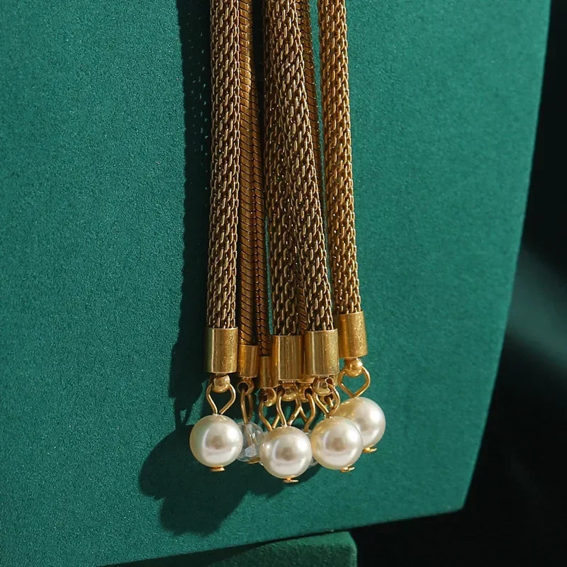 Vintage Gold Tone Tassel & Pearl Long Lariat Necklace