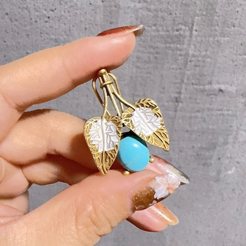 Vintage Turquoise Leaf Drop Earrings – Boho Bloom & Sea Stone Charm