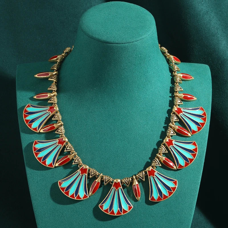 Vintage Red Enamel Fan-Shaped Collar Necklace