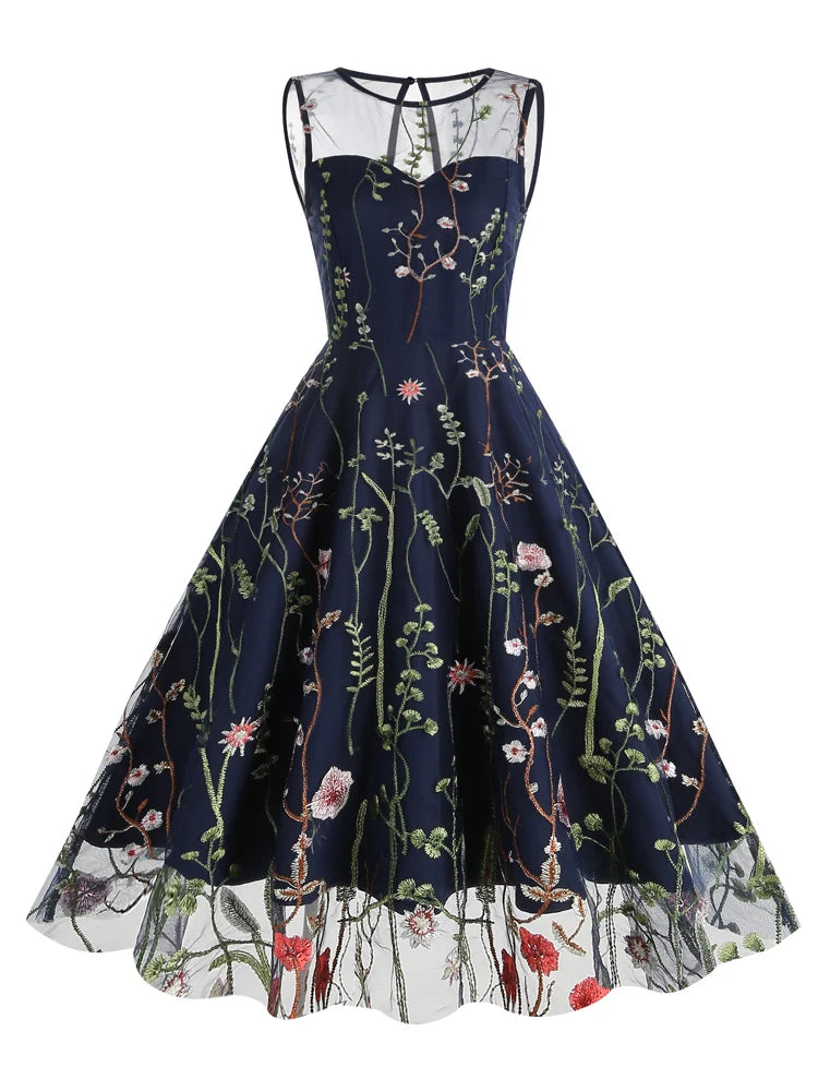 Elegant 1950s Vintage Floral Embroidered Mesh Swing Dress - Illusion Neckline