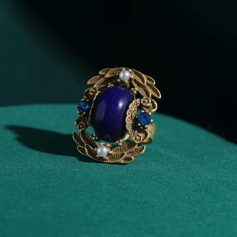 Edwardian Leaf Motif Ring – Gold-Plated with Square Blue Stone