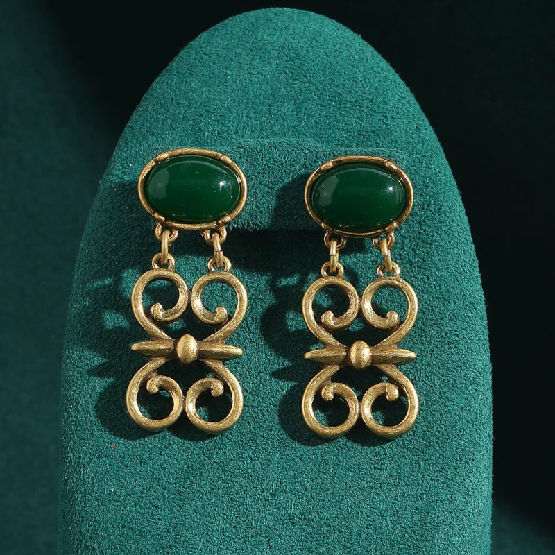 Art Deco Green Agate Butterfly Drop Earrings – Hollow Scroll Statement Pair