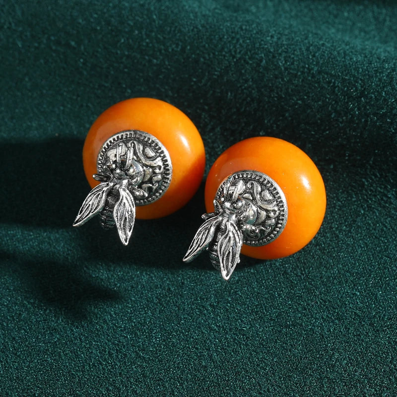 1960s Boho Mod Bee & Beeswax Earrings – Silver-Toned Natural Stone Studs