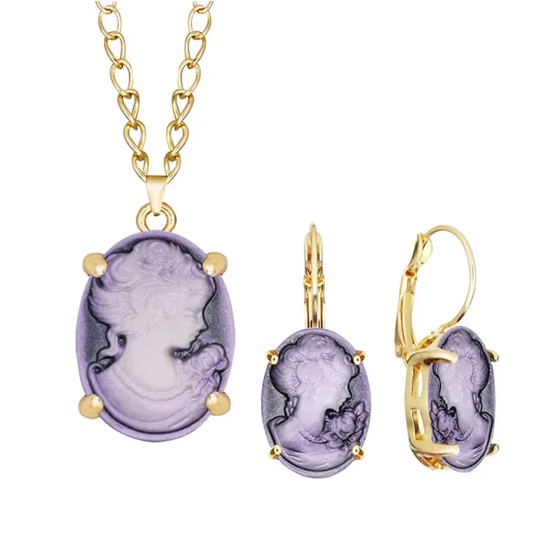 Lady Queen Cameo Jewelry Set – Necklace &amp; Earrings (1890s Inspired)