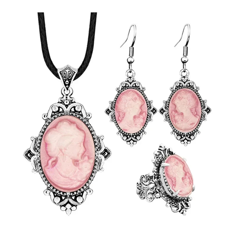 Lady Queen Cameo Jewelry Set (Necklace, Earrings & Ring)