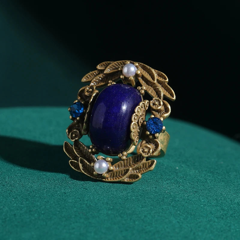 Edwardian Leaf Motif Ring – Gold-Plated with Square Blue Stone