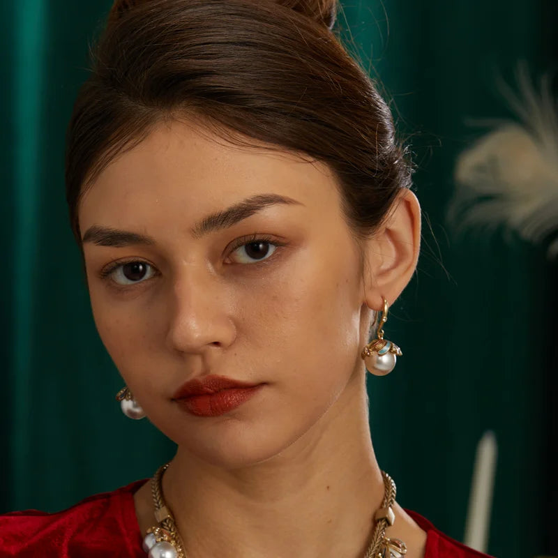 Retro Hollywood Pearl Drop Earrings – Rhinestone & Enamel Hook Pair