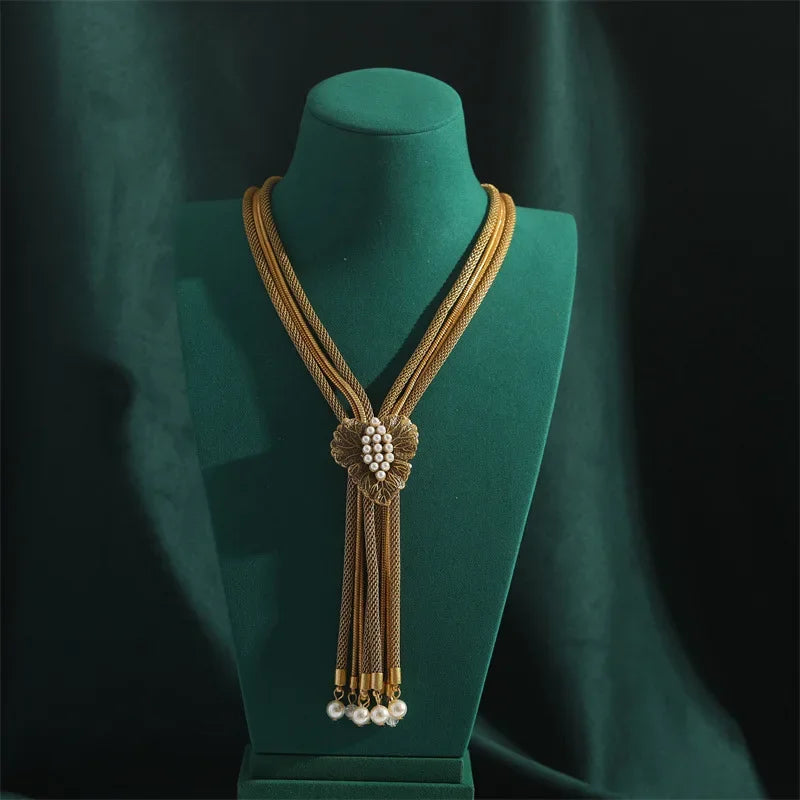 Vintage Gold Tone Tassel & Pearl Long Lariat Necklace