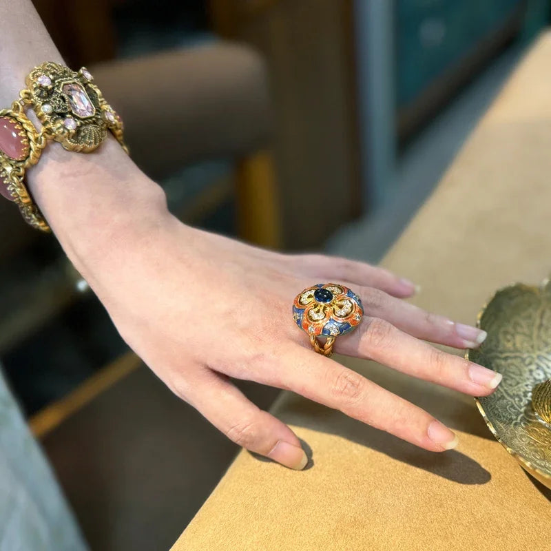 Retro Enamel Floral Ring – Vintage-Inspired European Elegance
