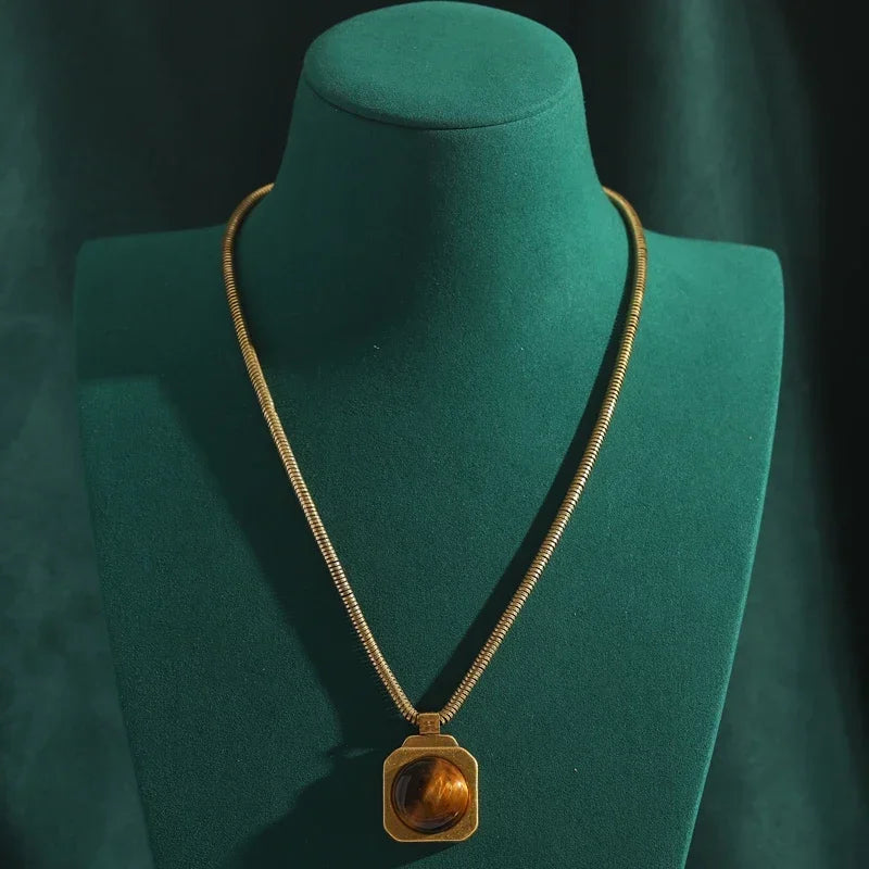 Vintage Square Tiger Eye Pendant Necklace