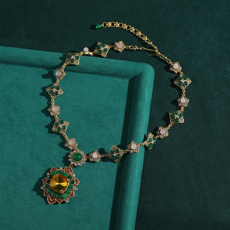 Vintage Green Glaze Pendant Necklace with Crystal Pink Flower