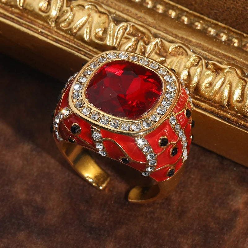 Vintage Red Crystal Square Gold-Plated Statement Ring – Adjustable
