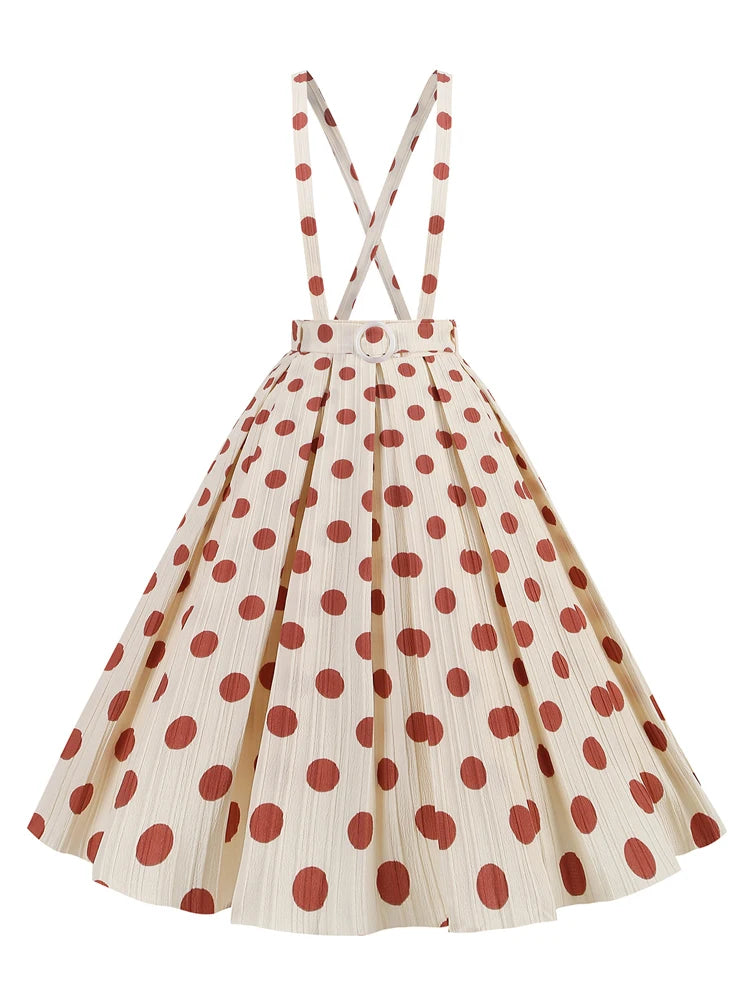 Vintage Polka Dot Suspender Swing Skirt - Retro Pin-Up Midi Skirt with Sashes
